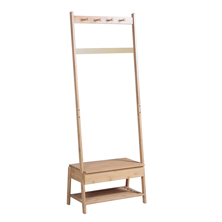 Hot sale floor stand clothing hanger 4 hook bamboo clothes coat rack with storage drawer, coat hanger stand