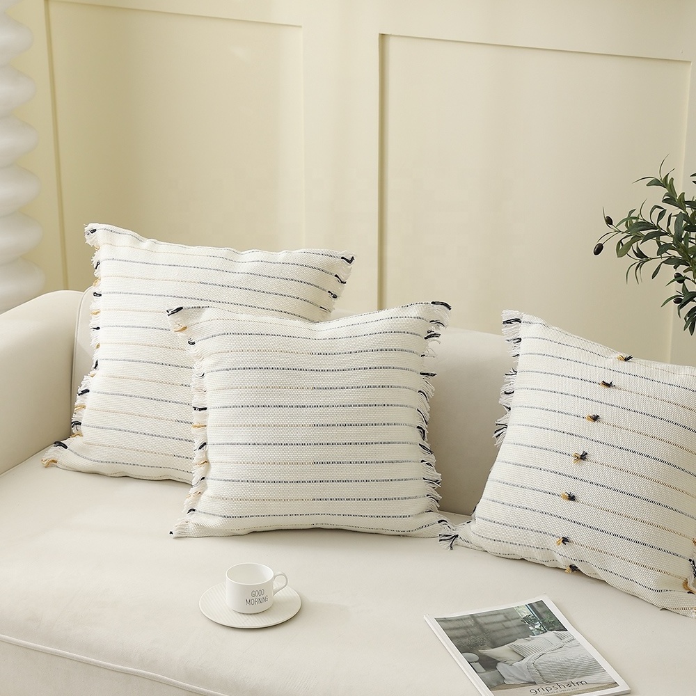 Tassel pillow cover decorative beige cotton macrame jacquard cushion cover for couch sofa bed outdoor