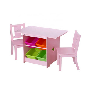 Eco pink children toddler party activity play playhouse wooden furniture kids study table and chairs set with storage