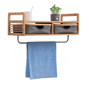 Wall mounted shower towel toilet organizer rack fabric basket hanging floating bamboo bathroom storage shelf