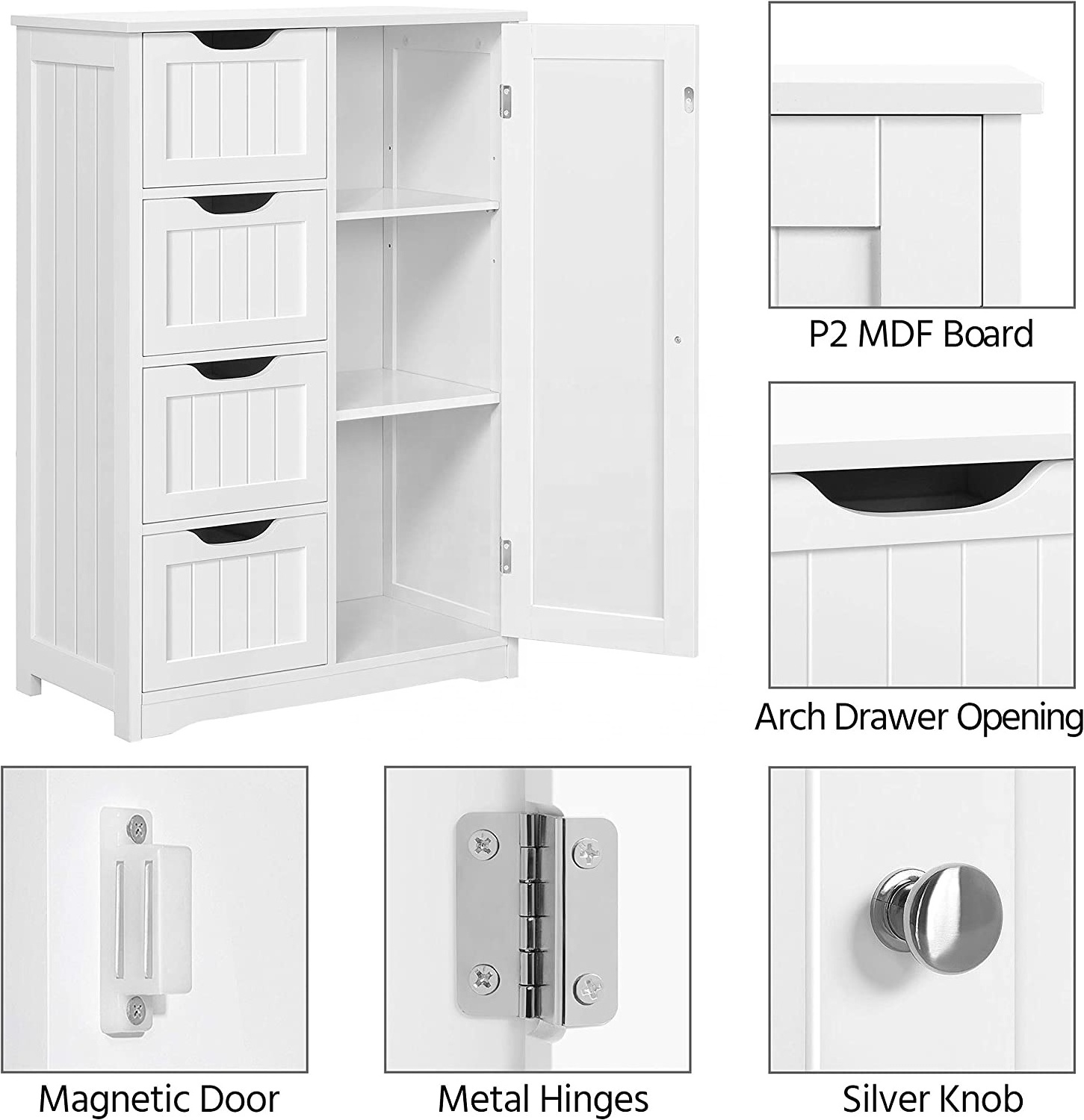 Wooden Floor Bathroom Side Organizer Unit Hallway Entryway Storage Cabinet with 4 Drawers and 1 Cupboard