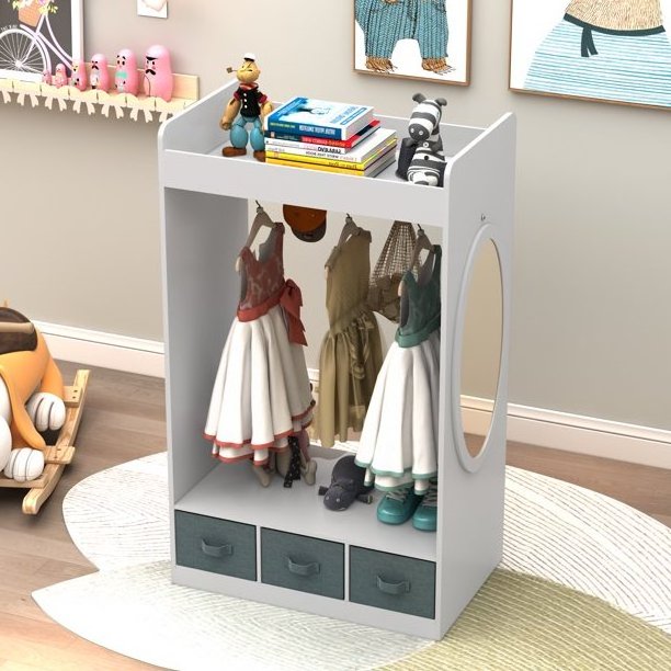 Wooden Children Bedroom Dress Up Station Coat Rack Furniture Kids Storage Closet Cabinet with 3 Drawers and Mirror