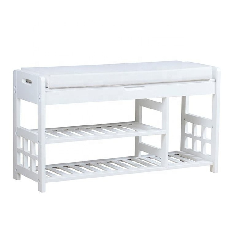 Wholesale white portable home living room furniture mdf wood storage shoe rack with seat, shoe bench with seat