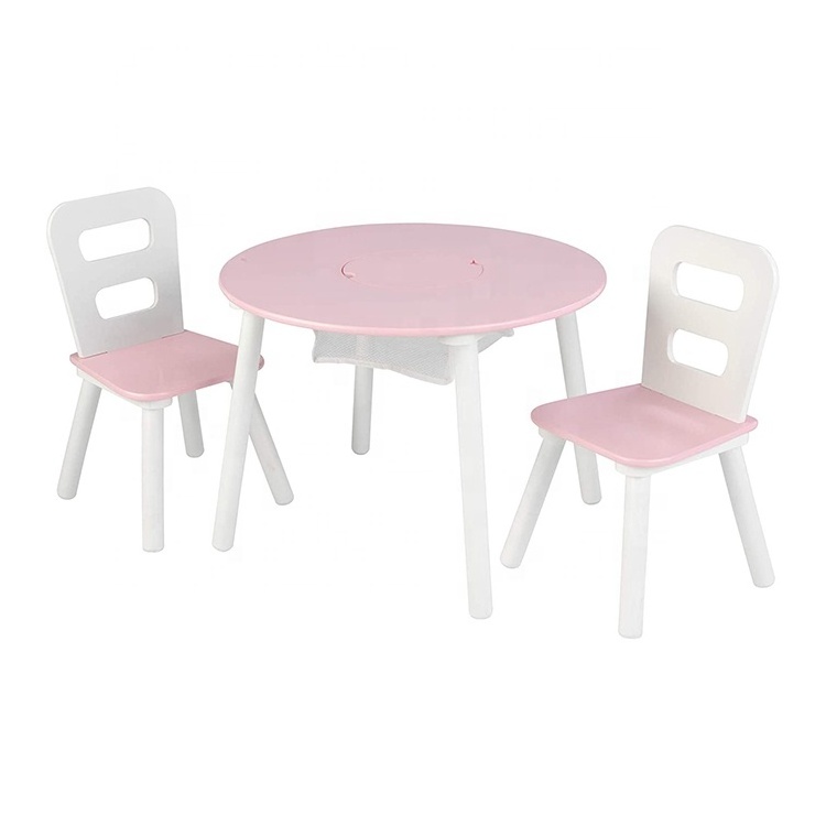 Wholesale ECO Cheap White Pink Wood Round Toddler Child Play Activity Kid Furniture Table and 2 Chair Set with storage mesh bag