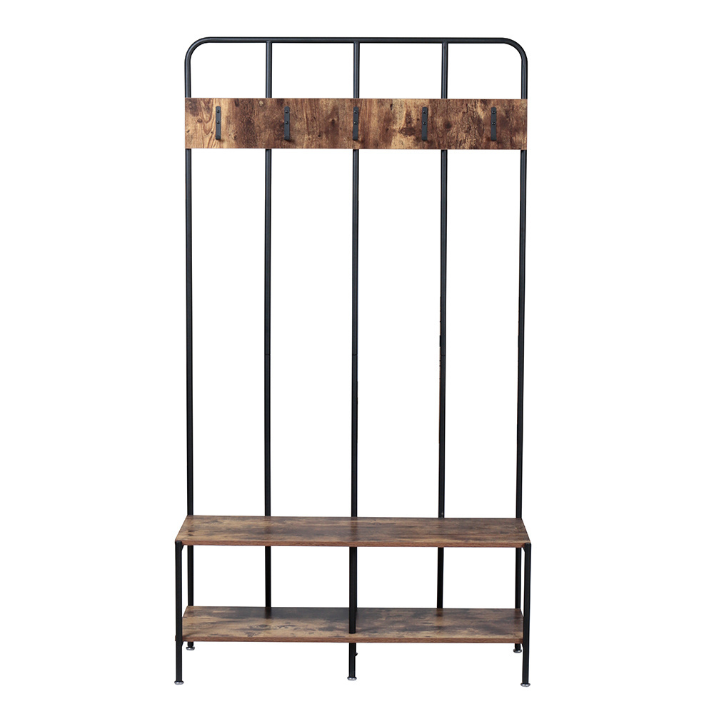 Hallway entryway industrial hat clothes hanger rustic vintage metal wood coat rack stand with shoe storage bench hooks shelf