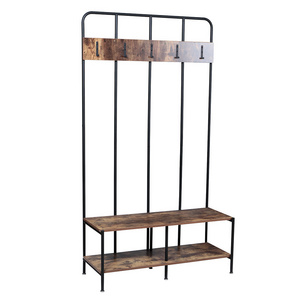 Hallway entryway industrial hat clothes hanger rustic vintage metal wood coat rack stand with shoe storage bench hooks shelf