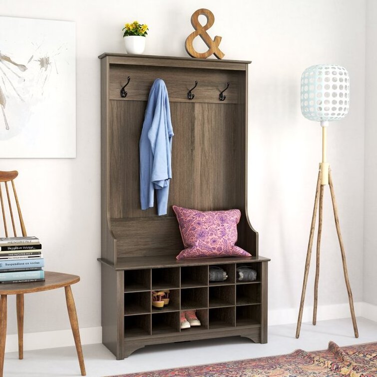 Multifunctional Large Hook Hanger Hall Tree Wooden Clothes Coat Rack With Bench And Shoe Storage Cabinet