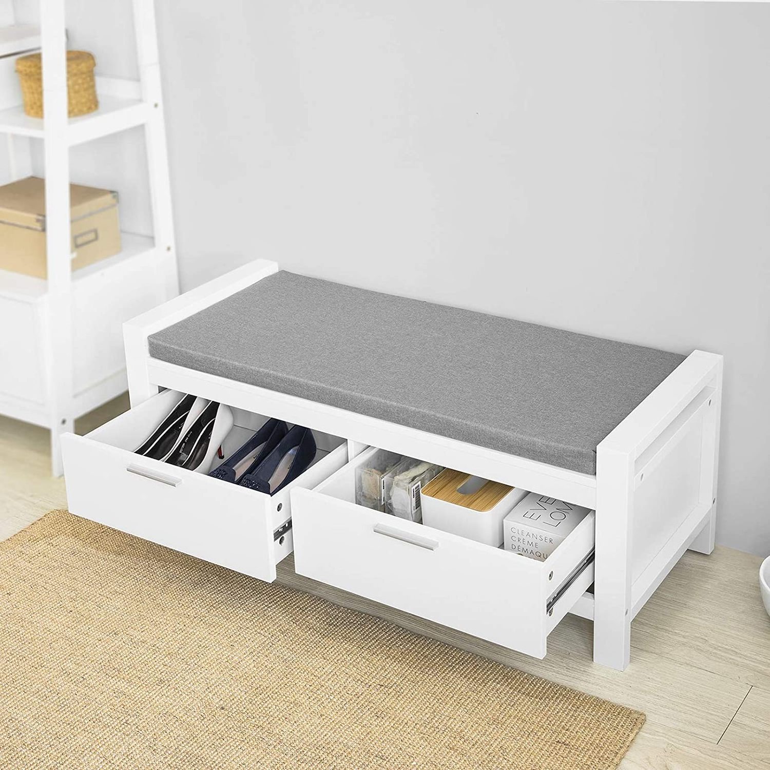 Modern Hallway wooden 2 storage Drawers Shoe Bench Cabinet with Seat Cushion