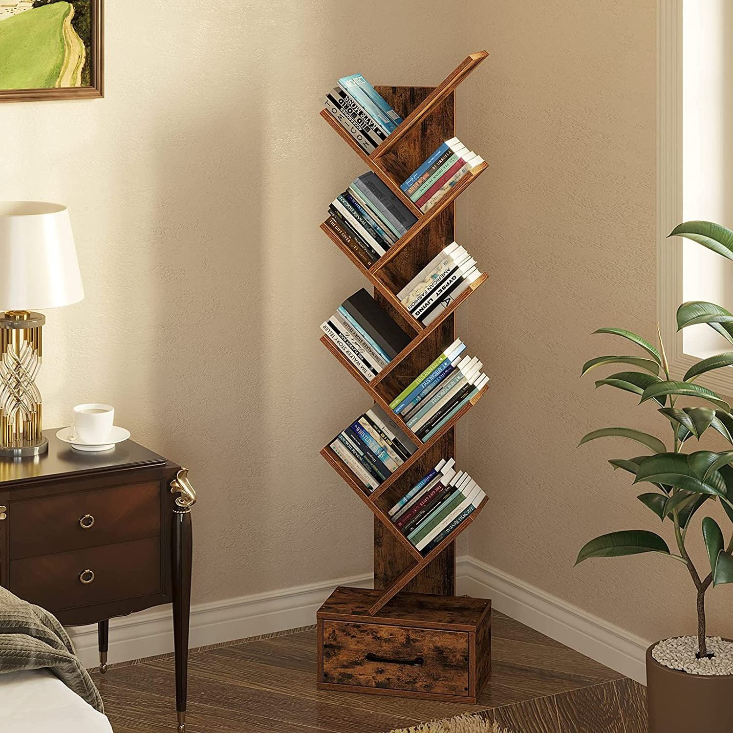 Wooden Free Standing Tree Bookshelf Bookcase with Drawer and 8 Shelf, Tall Display Standing Shelf for Books CDs Plants