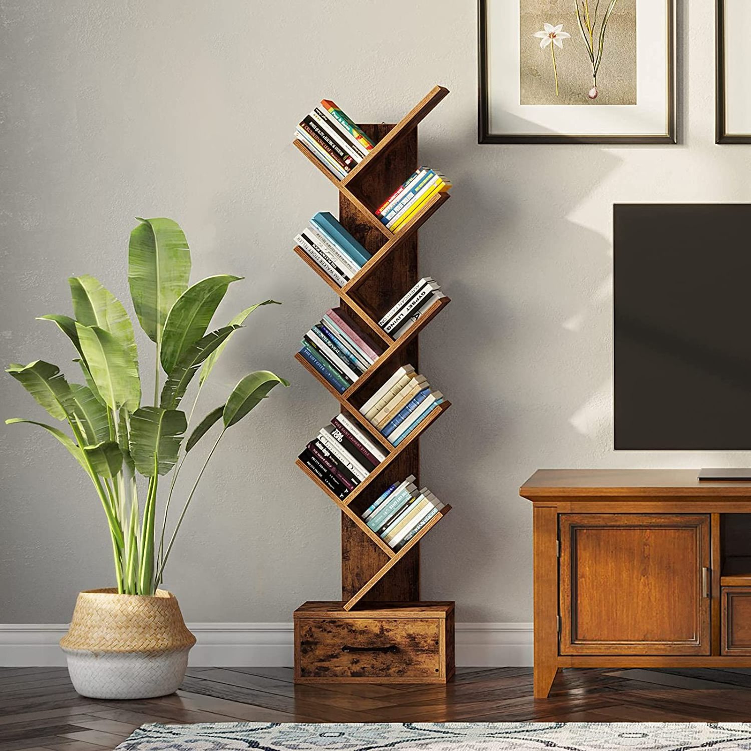 Wooden Free Standing Tree Bookshelf Bookcase with Drawer and 8 Shelf, Tall Display Standing Shelf for Books CDs Plants