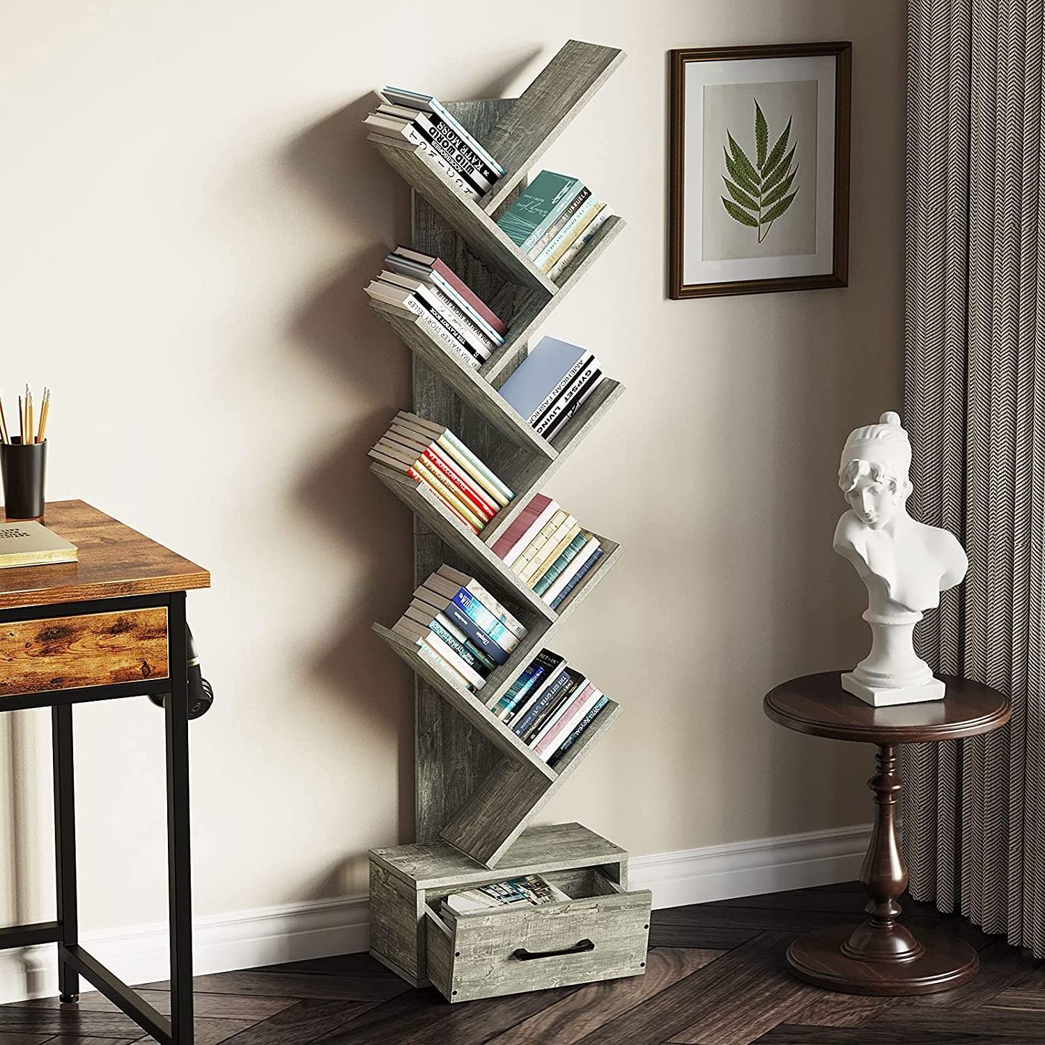 Wooden Free Standing Tree Bookshelf Bookcase with Drawer and 8 Shelf, Tall Display Standing Shelf for Books CDs Plants