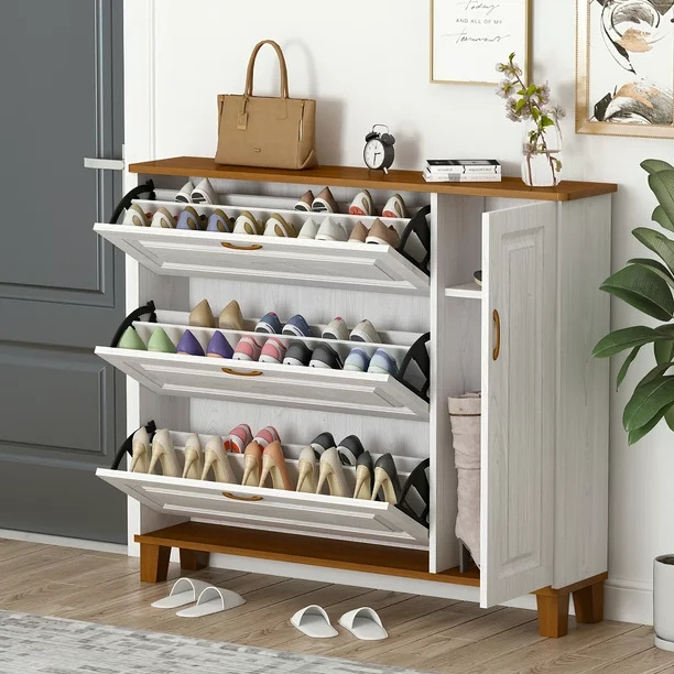 Modern Wood Flip Down Shoe Rack Cabinet, Shoe Storage Organizer Cabinet with 3 Slanted Drawers Up to 32 Pair