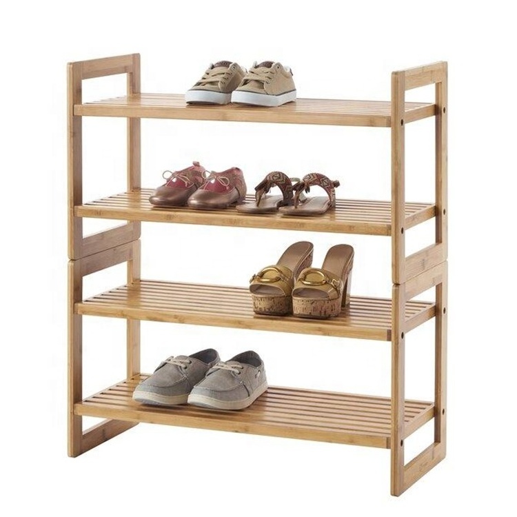 Stackable Cheap Bamboo 4 Tier Living Room Home Furniture Storage Organizer Shoe Rack Shelf for Hallway Entryway Closet Bedroom