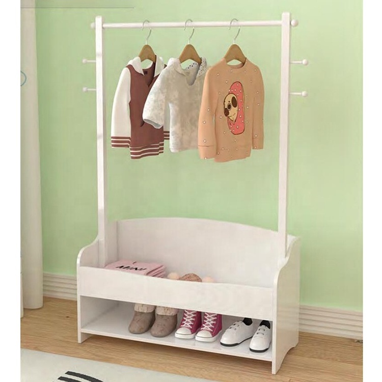 2024 wooden toddler bedroom floor hanger dress up station kids children's clothes coat rack with shoe storage