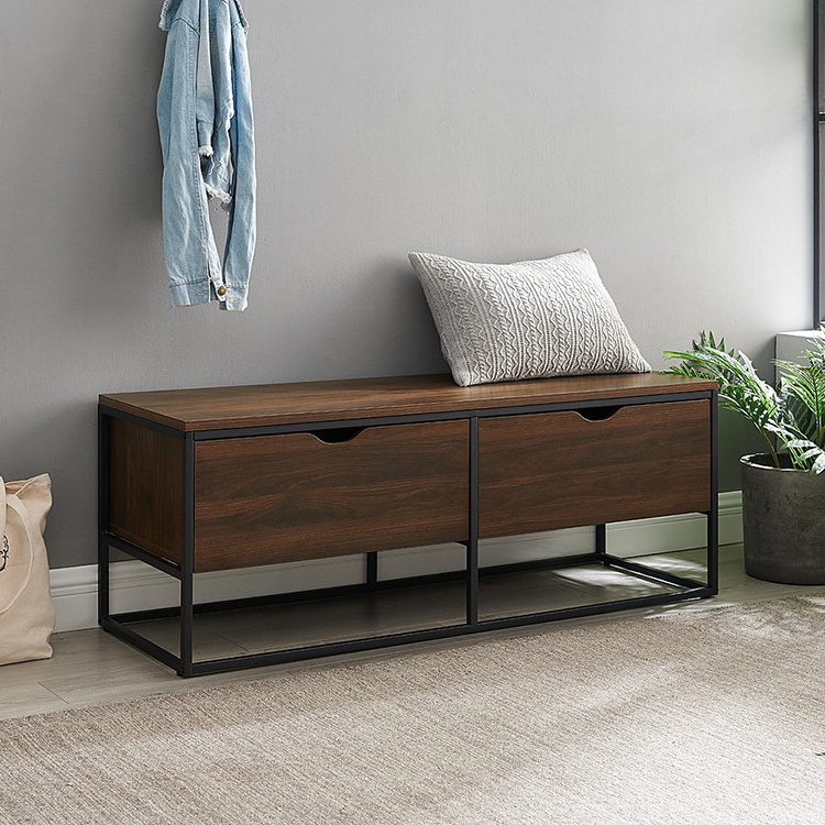 Entryway entrance living room rustic 2 storage drawer metal wooden shoe bench with seat, shoe racks with bench