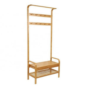 Modern entryway free standing garment Clothes Hanger natural bamboo shoe bench and coat rack with Storage