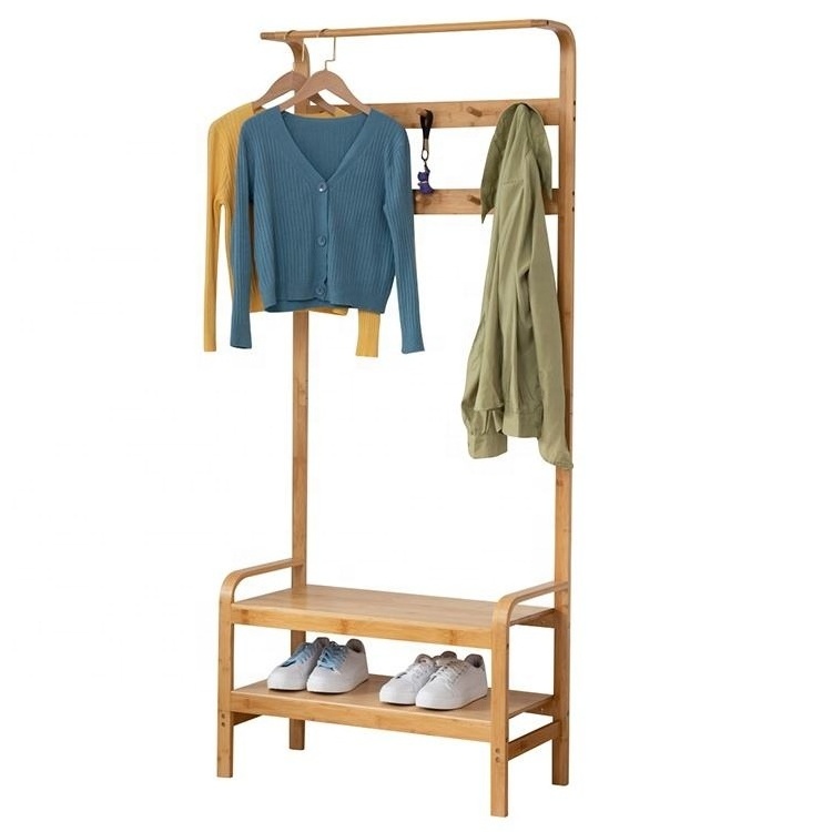 Modern entryway free standing garment Clothes Hanger natural bamboo shoe bench and coat rack with Storage