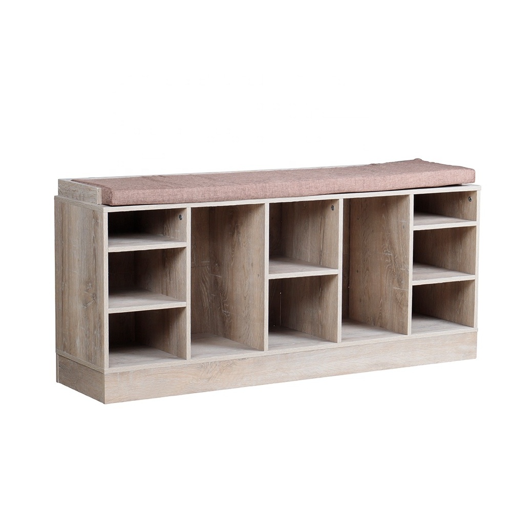 Grey modern wooden entrance entryway cube shoe storage bench with seat cushion, shoe rack with bench