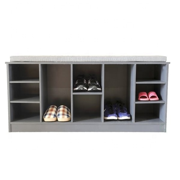 Grey modern wooden entrance entryway cube shoe storage bench with seat cushion, shoe rack with bench