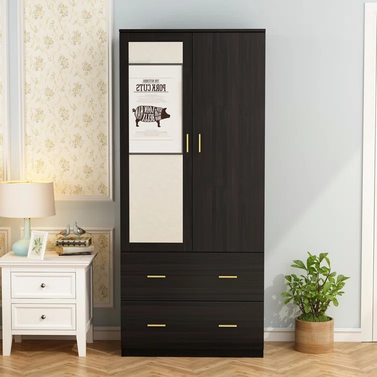 Luxury Bedroom Furniture Wooden Black Two Door Wardrobe with Mirror, Modern Wardrobe Armoire Clothes Organizer