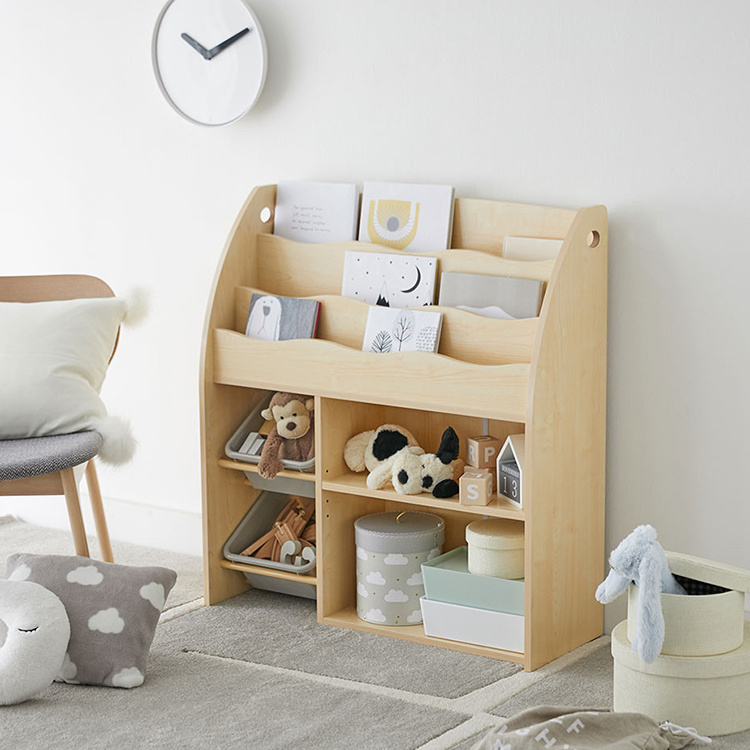 Wooden toddler children room bookcase book storage rack shelf kids bookshelf cabinet with roll toy storage bin