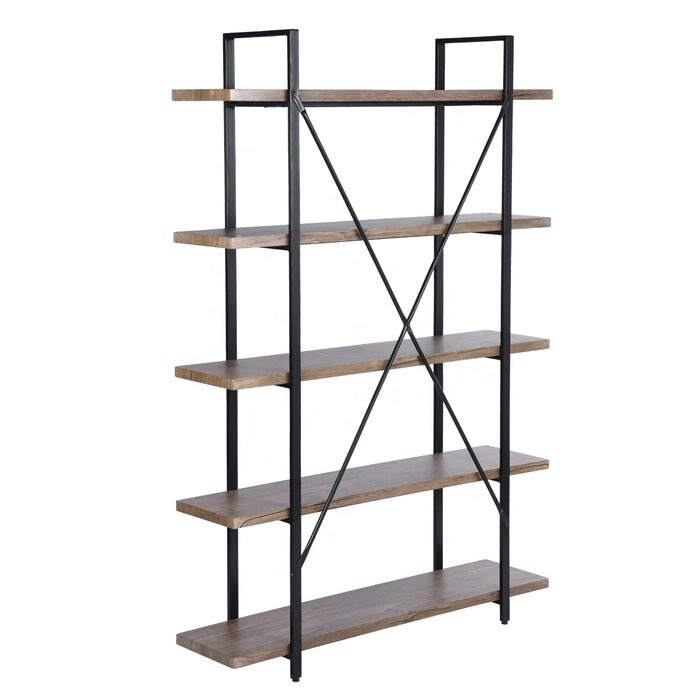 Industrial design iron metal wood 5 storage shelves Corner floor bookshelf bookcase for office living room bedroom