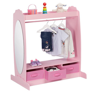 Children Dress Up Storage Wardrobe Station Armoire Costume Dresser Wood Closet Kids Coat Rack with Mirror