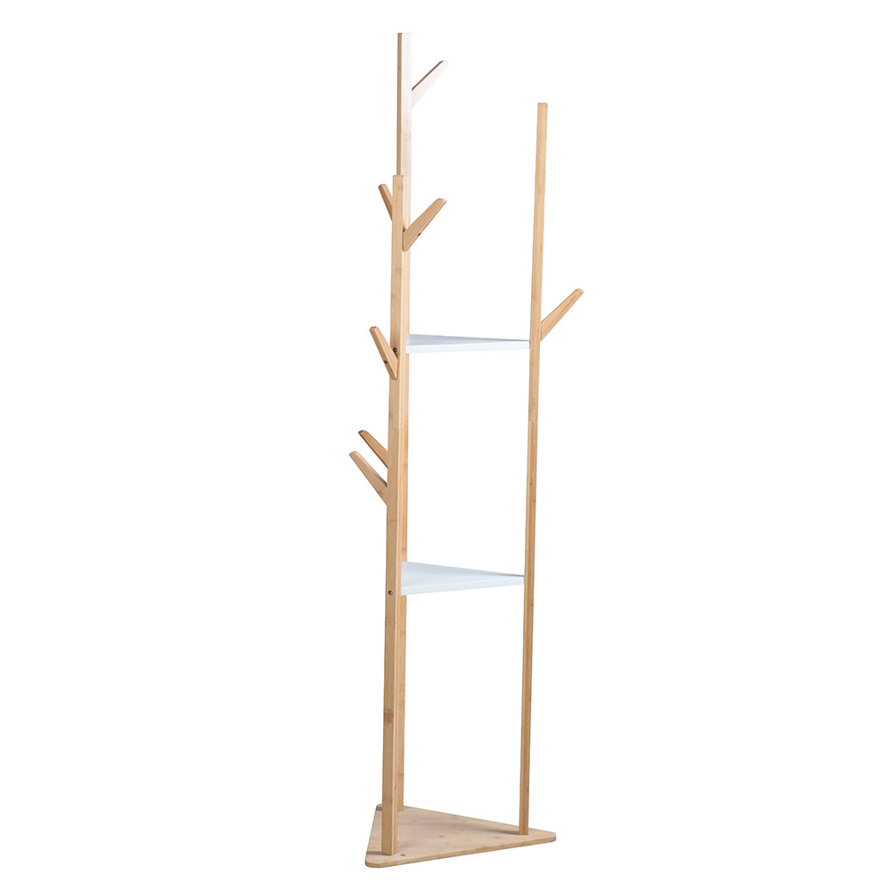 Versatile Corner Hallway Living Room Bedroom Tree Stand Bamboo Coat Rack with 2 Storage Shelf