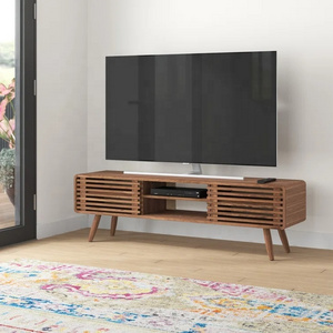 Modern Wood Fluted TV Stand Table Cabinet with Sliding Shutter Door, TV Unit Console Entertainment Center for Living Room