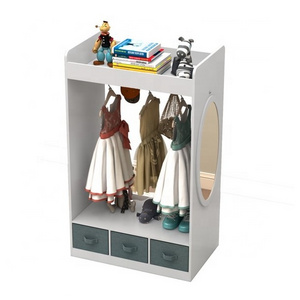 Wooden Children Bedroom Dress Up Station Coat Rack Furniture Kids Storage Closet Cabinet with 3 Drawers and Mirror