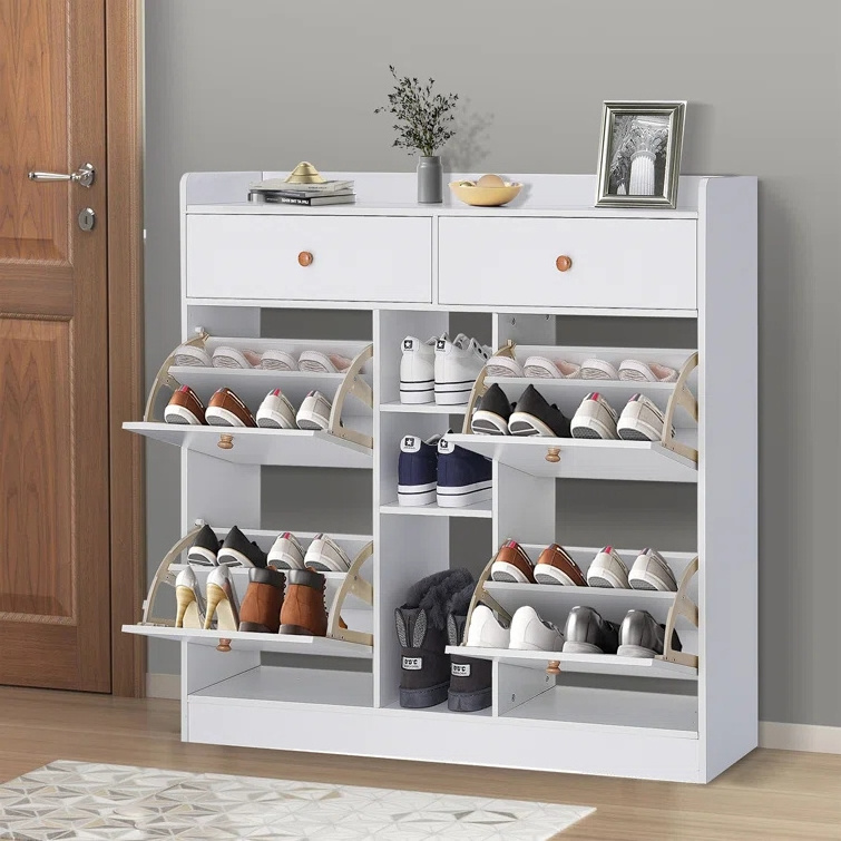 Modern Luxury Designs White Living Room furniture wooden sliding door organizer shoe rack cabinet with drawer