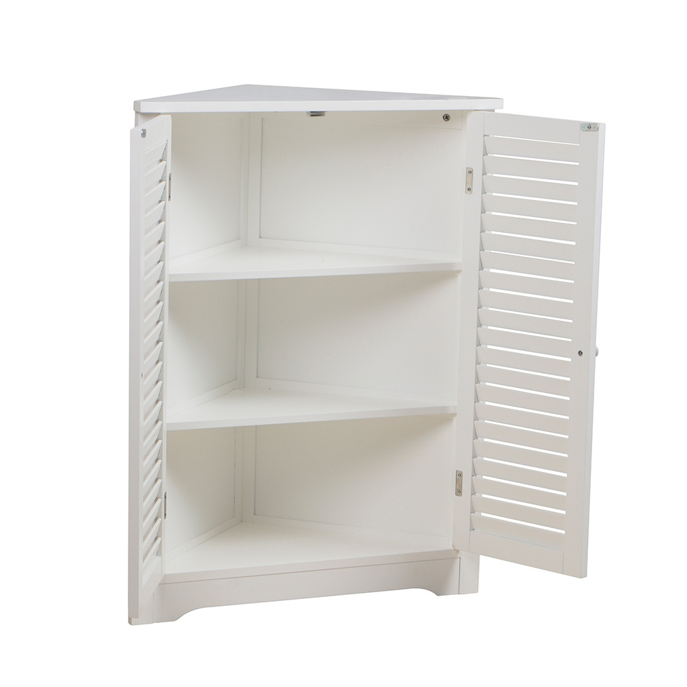 White Wood Triangle Bathroom Corner Cabinet With Double Louver Door