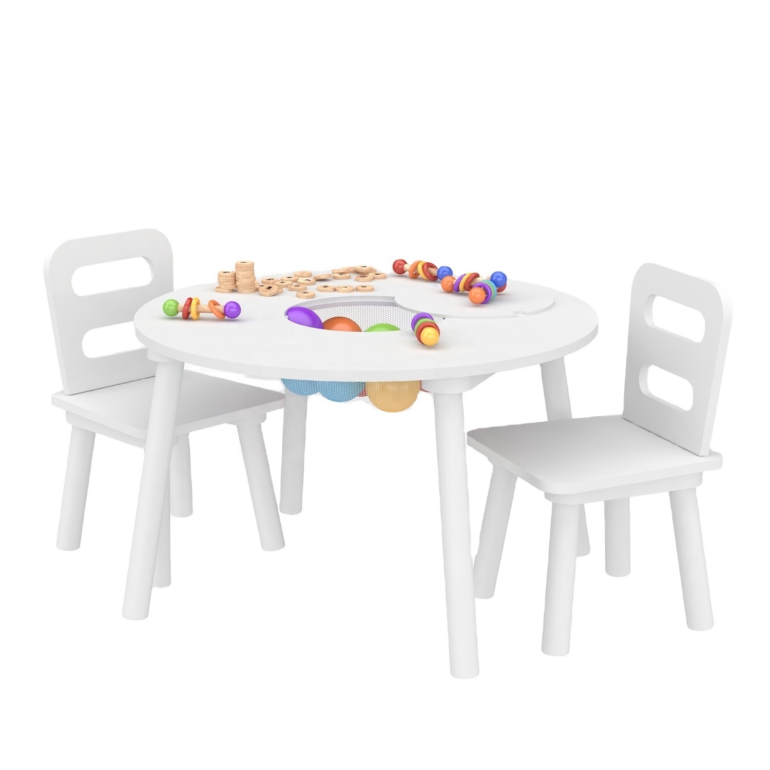 Wholesale ECO Cheap White Pink Wood Round Toddler Child Play Activity Kid Furniture Table and 2 Chair Set with storage mesh bag