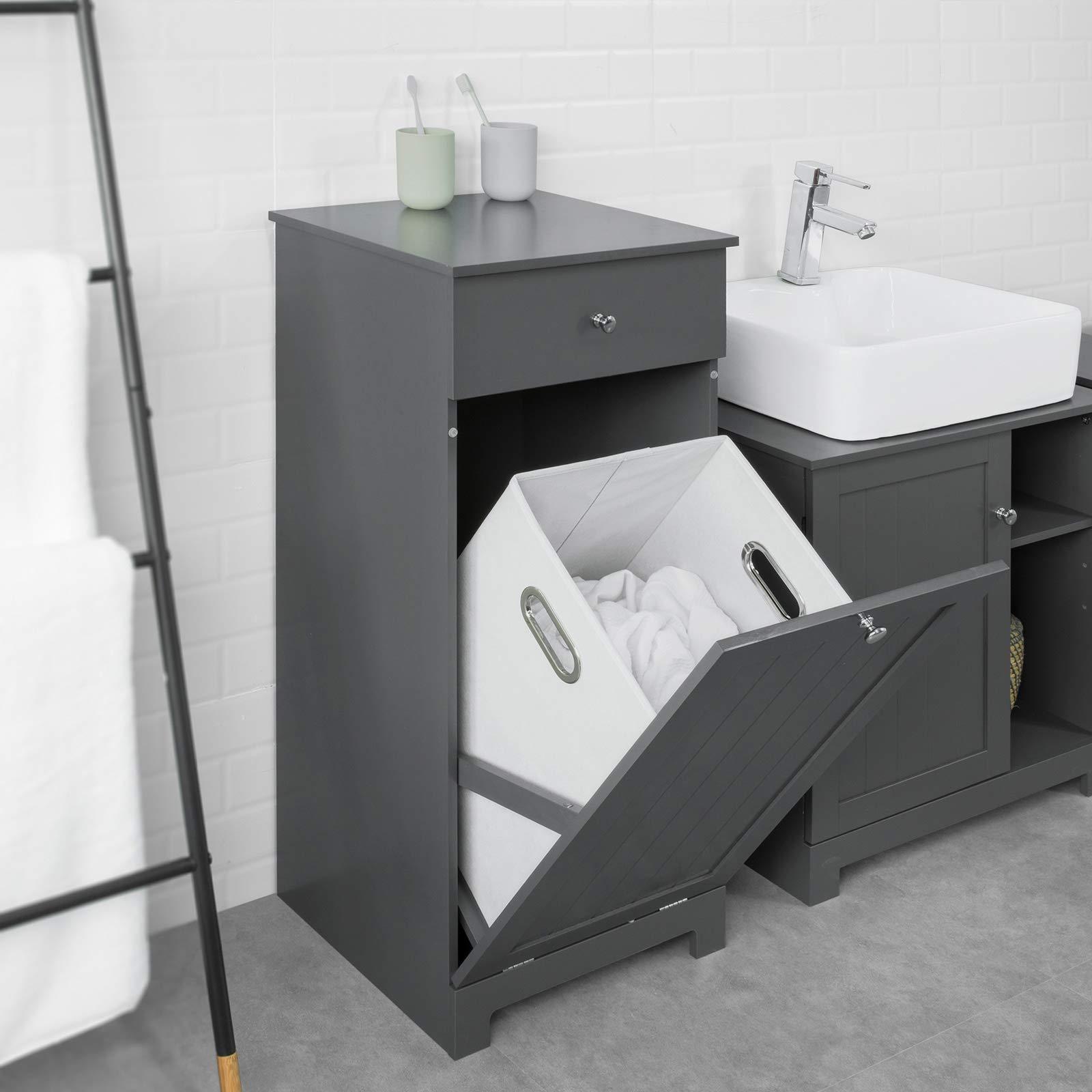 Laundry Cupboard with Fold Out Laundry Bag, Bathroom Toilet Room Wood Storage Laundry Cabinet with Drawers