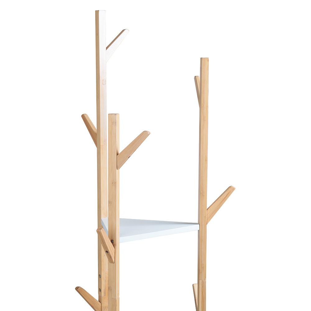 Versatile Corner Hallway Living Room Bedroom Tree Stand Bamboo Coat Rack with 2 Storage Shelf