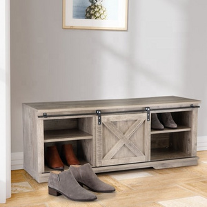 Modern Entryway Hallway Wooden Sliding Barn Door Shoe Rack Bench, Shoe Storage Shelf Cabinet