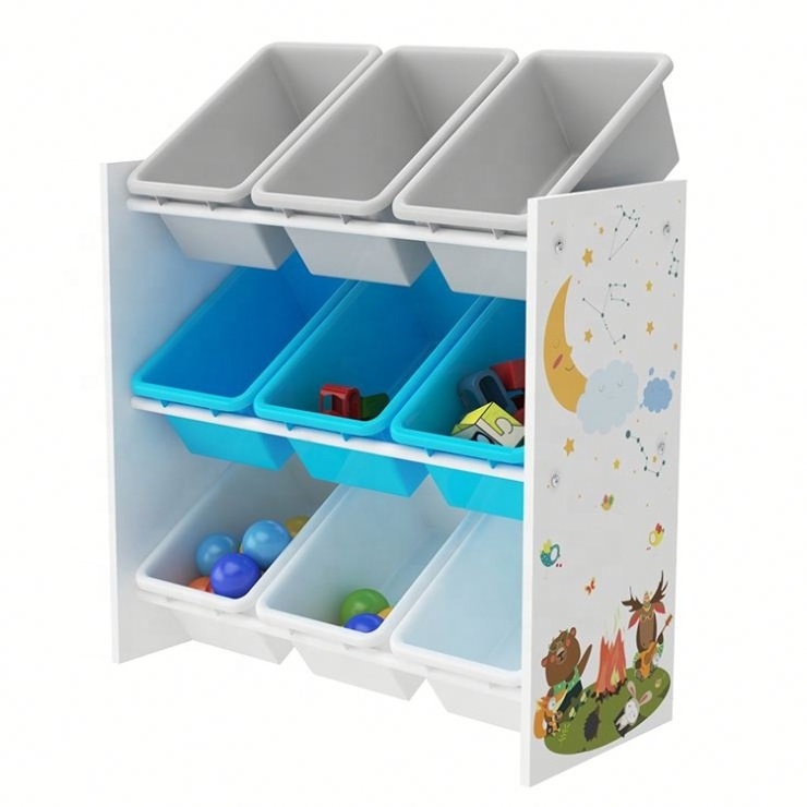 Custom Design 3 Tier 9 Plastic Bins Cute baby Children Kids Wooden Toy Storage Organizer rack, kids toys organizer shelf