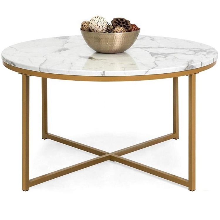 Modern marble look top gold metal leg wood coffee Table with X-Base