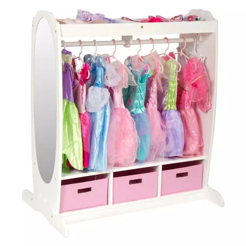 Wooden Children bedroom girls dress up station kids Clothes Hanger Coat Rack with Mirror and Storage Bin