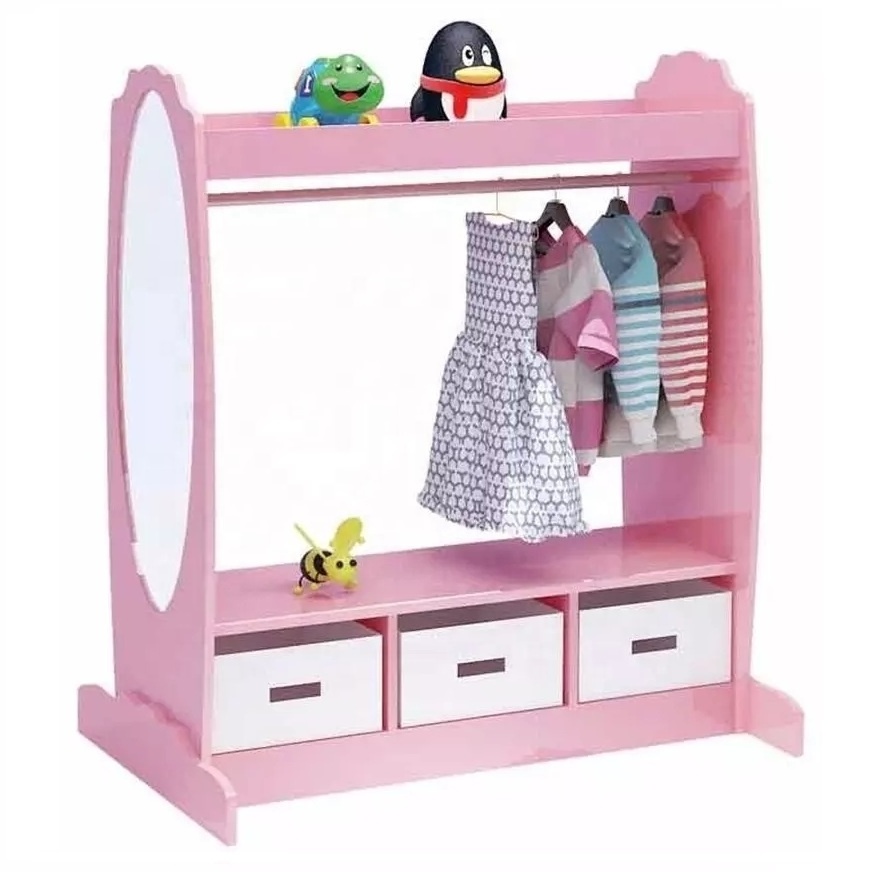 Wooden Children bedroom girls dress up station kids Clothes Hanger Coat Rack with Mirror and Storage Bin