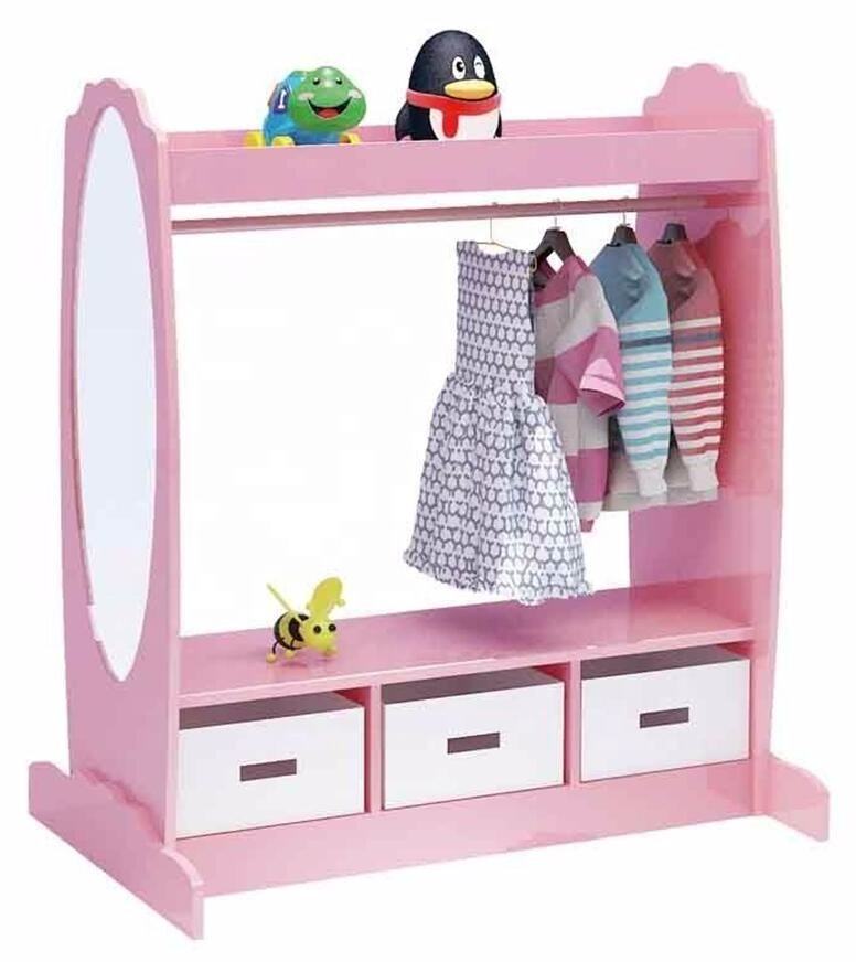 Custom Pink Wood Toddler Play Costume Clothes Storage Kids Children Wardrobe With Mirror And Cabinet