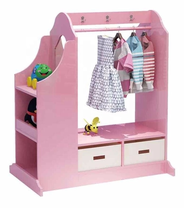 Custom Pink Wood Toddler Play Costume Clothes Storage Kids Children Wardrobe With Mirror And Cabinet