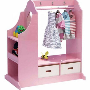 Custom Pink Wood Toddler Play Costume Clothes Storage Kids Children Wardrobe With Mirror And Cabinet