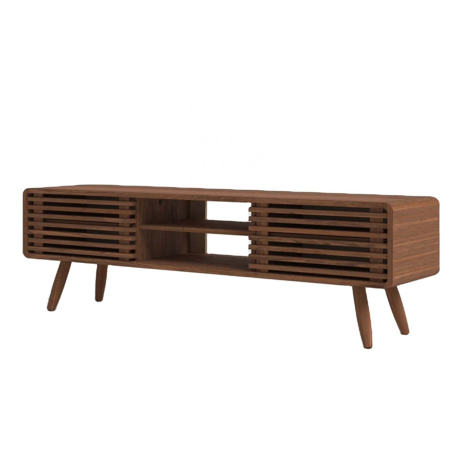 Modern Wood Fluted TV Stand Table Cabinet with Sliding Shutter Door, TV Unit Console Entertainment Center for Living Room