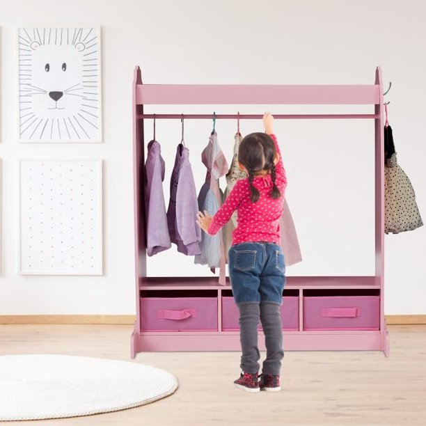 Children Dress Up Storage Wardrobe Station Armoire Costume Dresser Wood Closet Kids Coat Rack with Mirror