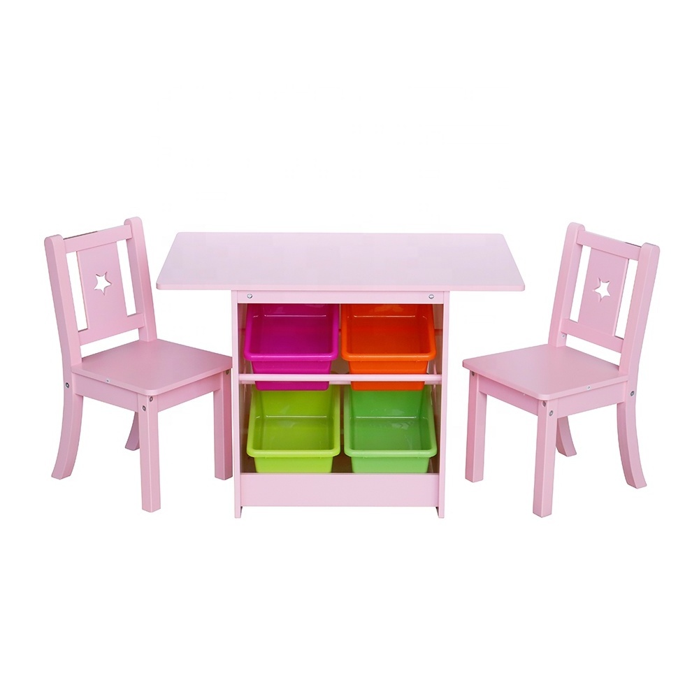 Eco pink children toddler party activity play playhouse wooden furniture kids study table and chairs set with storage