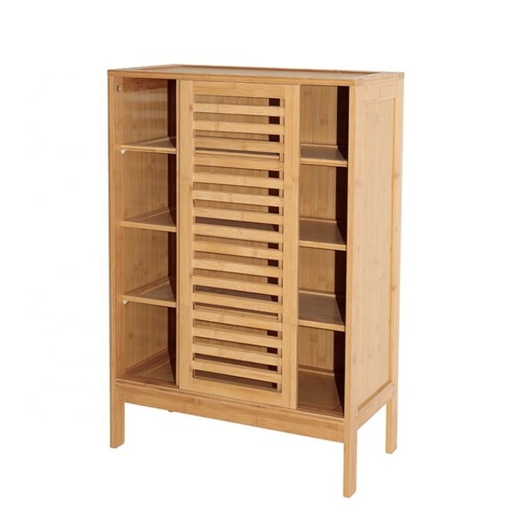 Sliding door 4 tier home entryway hallway bamboo wooden shoe rack cabinet