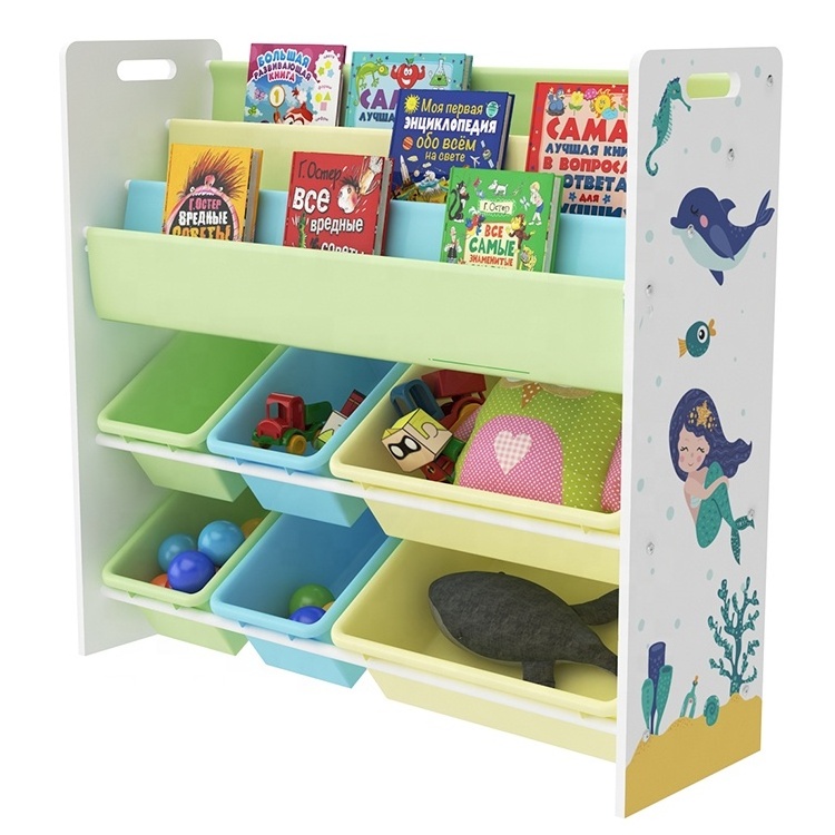 Custom Design Cute 6 Plastic Storage Bins Wooden Children Montessori Kids Toy Organizer Shelf With Bookcase Book shelf