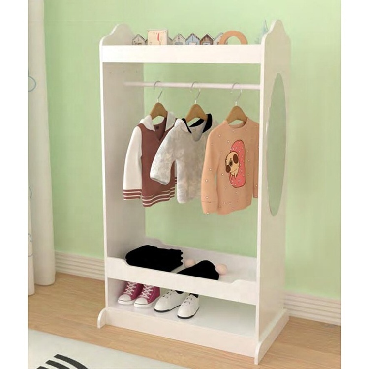 Free standing wooden bedroom costume dress up station furniture children wardrobe kid coat clothes rack with mirror