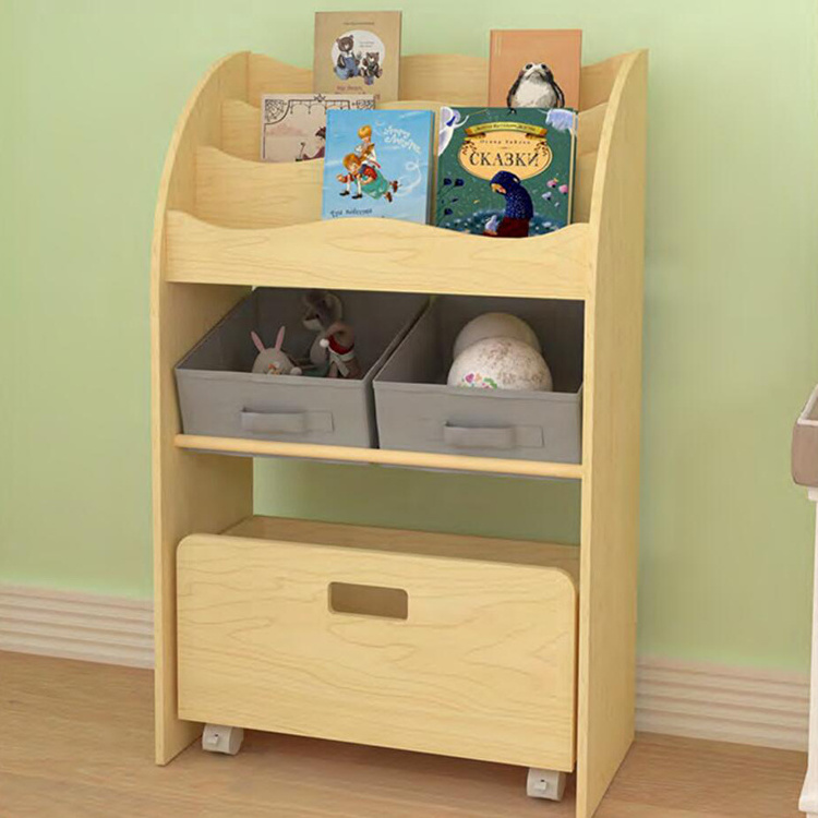 Wooden toddler children room bookcase book storage rack shelf kids bookshelf cabinet with roll toy storage bin